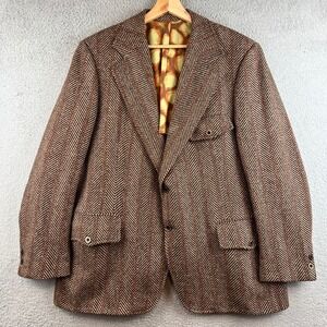 Vintage Hampton Heath Brown Herringbone Chevron Sport Coat Blazer 70s Mens